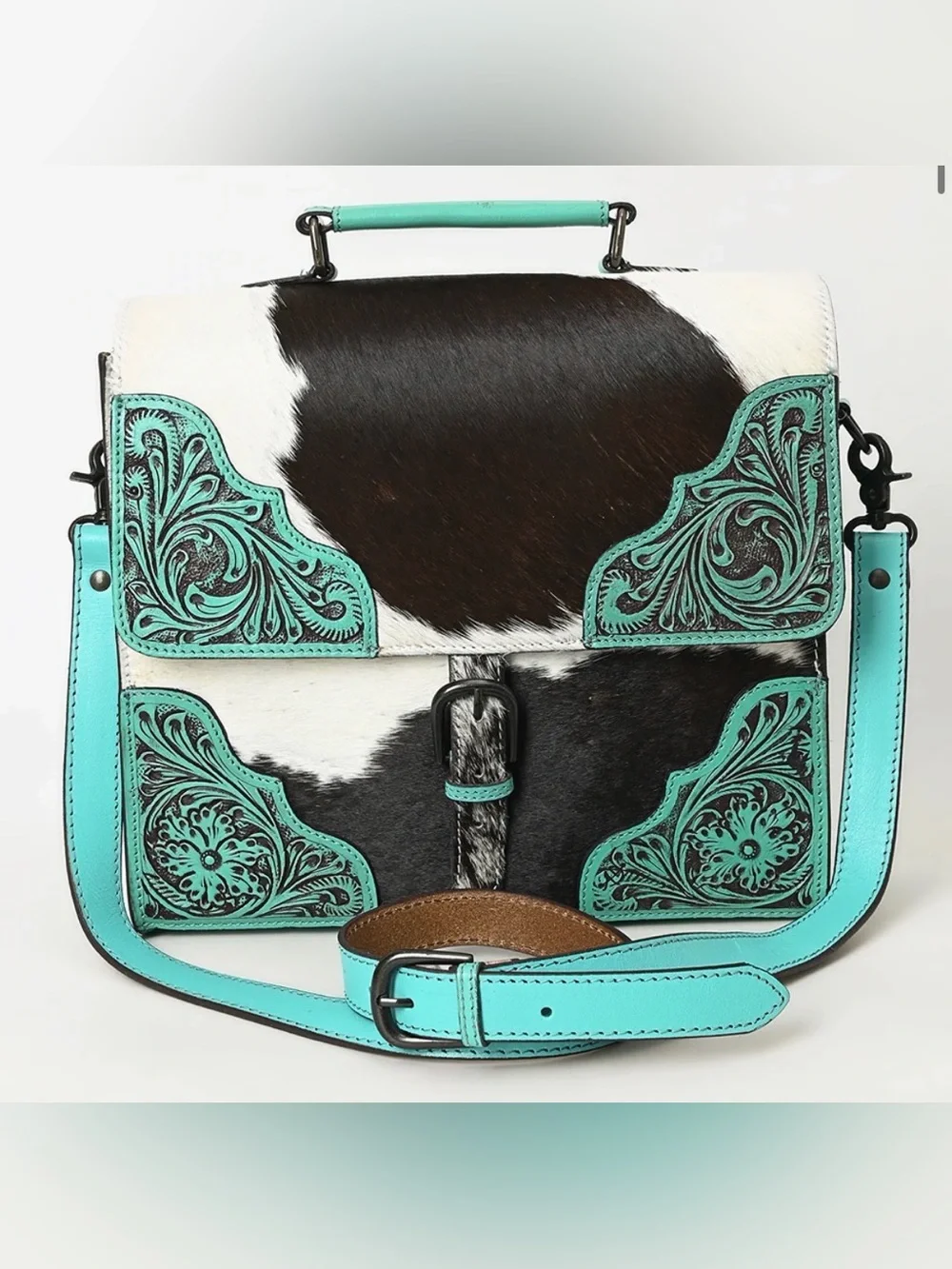 Western Bag Turquoise Tooled Leather & Cowhide Crossbody Bag